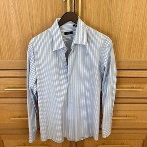 BOSS Men's Light Blue and White Stripe Dress Shirt